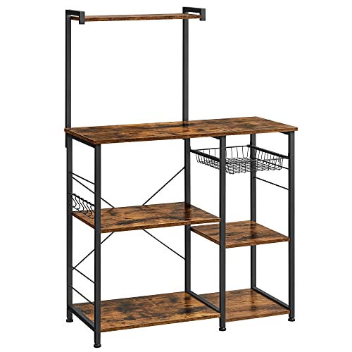 VASAGLE Baker's Rack, Microwave Stand with Wire Basket, 6 Hooks, and Shelves, for Spices, Pots, and Pans, Rustic Brown and Black UKKS35X - 15.7 x 35.4 x 52.8 Inches - Rustic Brown