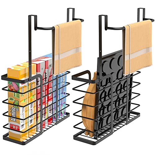 KEGII 2 Pack Cabinet Door Organizer - Cutting Board Holder Rack with Towel Bar, Over Cabinet Door Storage for Foil, Plastic Wrap, Baking Sheet, Kitchen Organizer for RV, Apartment, Black - Black