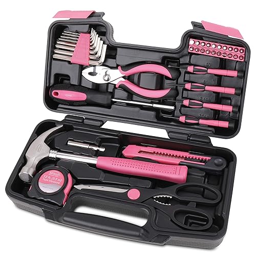 Apollo Tools Original 39 Piece General Household Tool Set in Toolbox Storage Case with Essential Hand Tools for Everyday Home Repairs, DIY and Crafts - Pink Ribbon - Pink - DT9706P - 39-Piece
