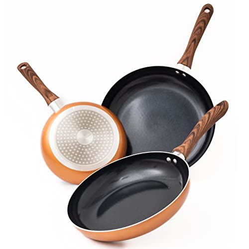 nuovva Copper Frying Pan Non-Stick Coated Stainless-Steel Induction Anti Scratch Pot for Cooking Frying On All Hobs with Wooden Handle Pfoa Free Dishwasher Safe (3pcs Set) - 3-Pcs Copper Pan