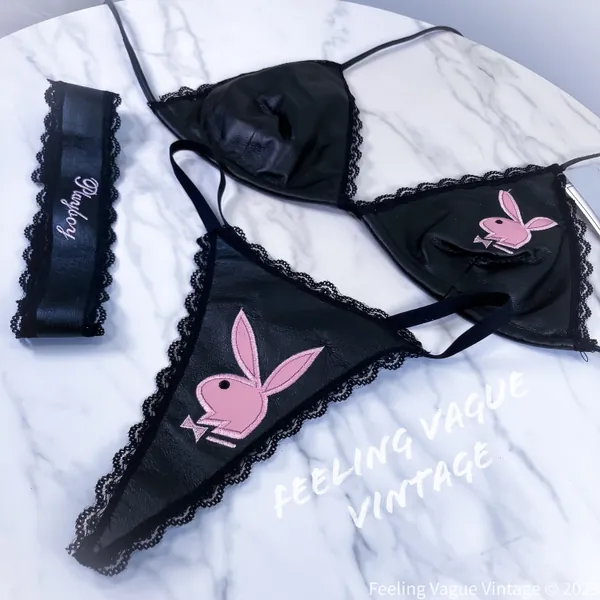Y2K Vintage Playboy Bunny Logo Leather Thong Bikini Lingerie Set
