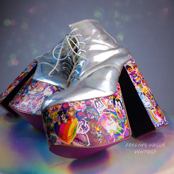 Lisa Frank Kawaii Holographic Glitter Hand Made Rainbow Platform Chunk High Heel Wedge Ankle Boots