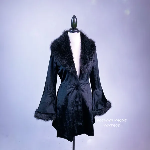 90’s Black Button Up Faux Fur Coat With Flare Sleeves