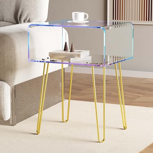 HDYEGY Acrylic End Table with Golden Metal Legs,Rainbow Transparent Coffee Table Nightstand Bedside Table for Bedroom,Living Room,Cafe,Home Decor,18'' L x 15'' W x 23.3'' H - Multi Color - 1