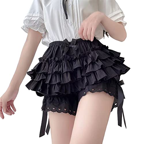 Vibsion Womens Lolita Bloomers Plush Ruffles Pumpkin Pants Bottom Shorts - Large - Black Ruffles
