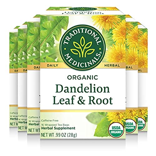 Traditional Medicinals Tea, Organic Dandelion Leaf & Root, Supports Kidney Function & Healthy Digestion, 96 Tea Bags (6 Pack) - Dandelion Leaf & Root - Pack of 6