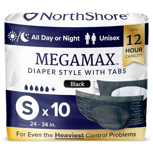 NorthShore MegaMax Adult Overnight Diapers, 12-Hour Tab-Style, Small, 10 Count Bag, Black, 24-34 inches, Unisex Incontinence Underwear - Black - Small (10 Count)