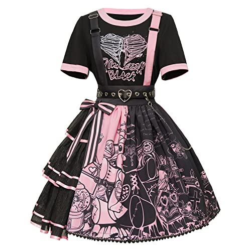 Mingyuezai Women's Lolita Dress Gothic Punk Skirt Party Halloween Costume Cosplay - Skirt+tshirt+belt - Large