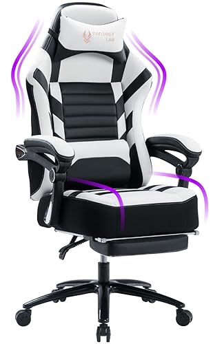 Fantasylab Big and Tall Gaming Chair 400LBS Gaming Chair with Footrest Massage Gaming Chair Memory Foam Adjustable Tilt Back Angle Gaming Chair for Heavy People with Metal Base - White