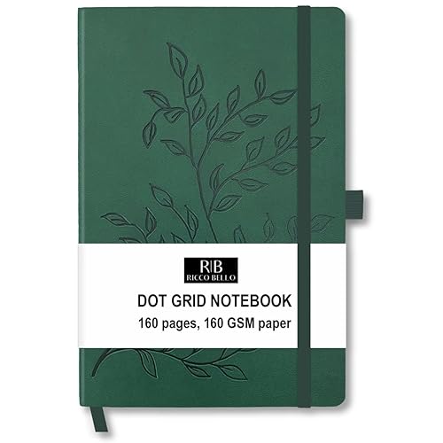 RICCO BELLO Hardcover Dot Grid Bullet Style Journal Notebook, Lay Flat Design, Pen Holder, 5.7 x 8.4 inches, Thick 160 gsm Paper, 80 sheets/160 pages (Green Leaves) - Green Leaves