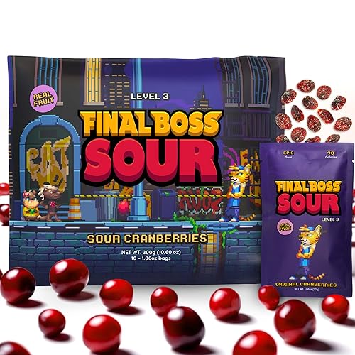 Final Boss Sour, Extremely Super Sour Gummy Candy, Cranberry, LvL 3, (1.06 Ounces Bags, 10 Bags) - Gummies Made with Dried Fruit, Free of Artificial Colors, Low Calorie Healthy Snack for Kids & Adults - Cranberry Level 3