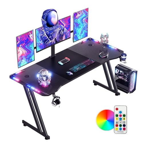 DLONGONE 160 x 60cm RGB Gaming Desk, Large Gaming Table for Laptop, Home Office Desk with Carbon Fiber Coated, Gaming PC Desk with Headphone Hook and Cup Holder, Easy to Assemble, Black - Black 160cm