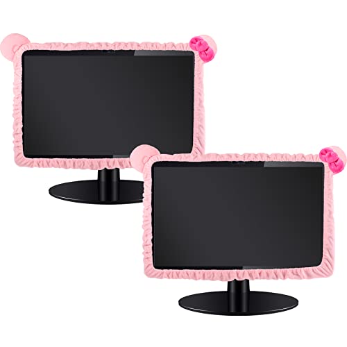Hoteam 2 Pcs Computer Monitor Cover with Cat Ear Furry Elastic Monitor Dust Cover Pink Desk Accessories Dustproof Cover Kawaii Decor for PC TV Laptop LCD Screen (17 - 24 Inch) - 17 - 24 Inch
