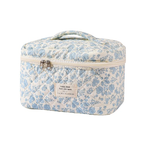 DUOMIAO Large Travel Quilted Makeup Bag for Women, Floral Cotton Cosmetic Bag, Coquette Aesthetic Floral Toiletry Organizer Bag (Light Blue-Flower) - Light blue-flower