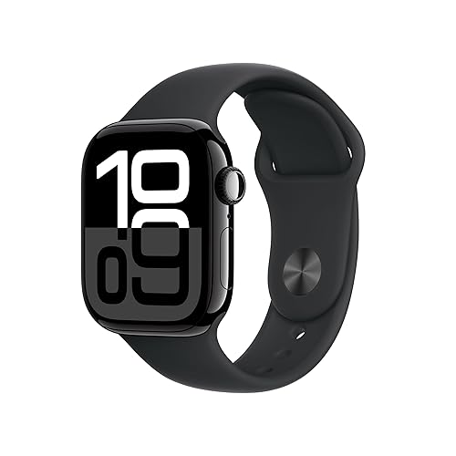 Apple Watch Series 10 (GPS 42 mm) Smartwatch mit Aluminiumgehäuse in Diamantschwarz und Sportarmband in Schwarz (S/M). Fitnesstracker, EKG App, Always-On Retina Display, Wasserschutz - Sportarmband - 42 mm Gehäuse - Diamantschwarz/Schwarz - S/M - für 130–180 mm Umfang