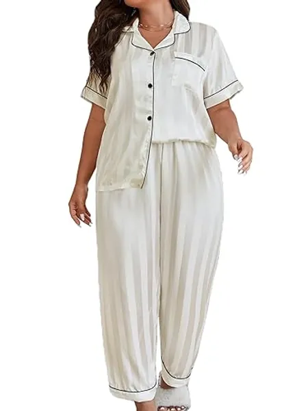 OYOANGLE Women's Plus Size Satin Pajama Set Silky Short Sleeve Button Down Tops and Pants Sleepwear Loungewear - 3X-Large Plus - White