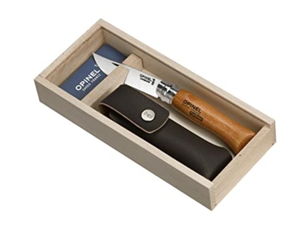Opinel Carbon No. 8 Folding Pocket Knife with Sheath, Wooden Slide Gift Box