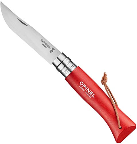 Opinel Colorama Series No. 8 - Stainless Steel Everyday Carry Folding Pocket Knife with Leather Strap, Painted Hornbeam Handles - Red