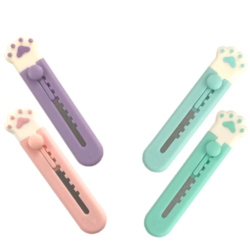 Kawaii Box Cutter Cute Box Cutter (4 pcs) Cat Paw Box Cutter Cute Letter Openers Cat Box Cutter Kawaii Knife Mini Cute Pocket Knife Cute Knife for Cat Lovers (Purple, Blue, Green, Pink)