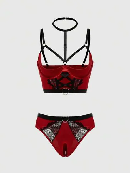 Goth red underwire lingerie set, open crotch