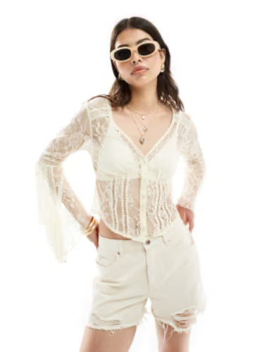 Miss Selfridge western lace flared sleeve button through blouse in cream | ASOS