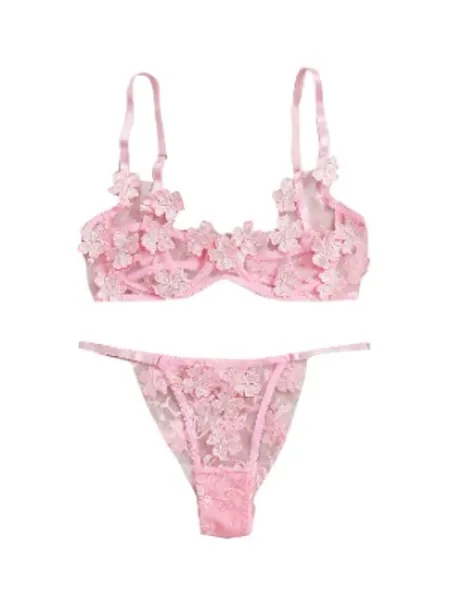 SheIn Women's 2 Piece Sexy Appliques Tanga Mesh Bralette Bra and Thongs Lingerie Set