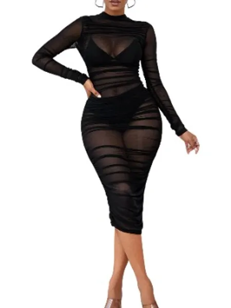 SheIn Women's Sheer Mesh Ruched Midi Bodycon Dress Mock Neck Long Sleeve Dresses Without Lingerie