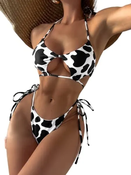 SHENHE Women's Cut Out Cow Print 2 Piece Halter Swimsuit High Cut Side Tie Bikinis