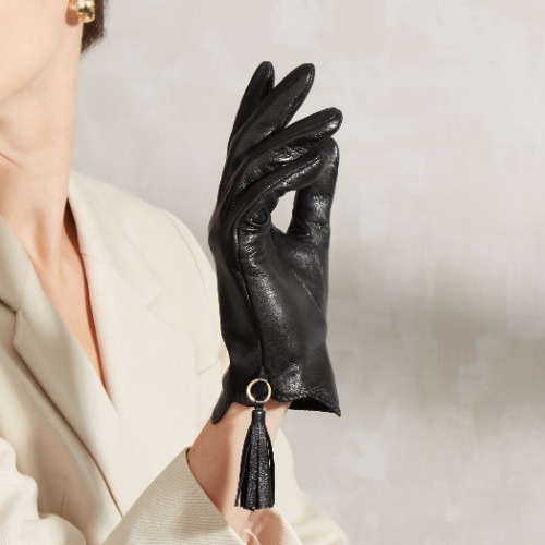 Manon | Leather Glove with Tassels | Black / 7