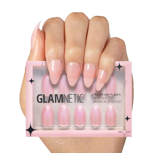 Glamnetic Press On Nails - Cloud 9 | Jelly UV Finish Medium Pointed Almond Shape, Reusable Pink Nail Kit in 15 Sizes, Semi-Transparent - 30 Nail Kit with Glue