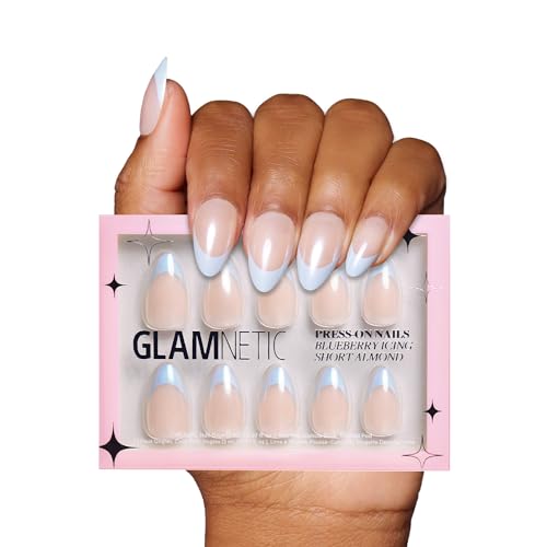 Glamnetic Press On Nails - Blueberry Icing | Short Almond Baby Blue French Tip Nails with a Glaze Finish | 15 Sizes - 30 Nail Kit with Glue