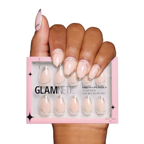 Glamnetic Press On Nails - Whipped | Short Almond 3D Metallic Silver Swirl Design in a Glossy Finish | 15 Sizes - 30 Nail Kit with Glue