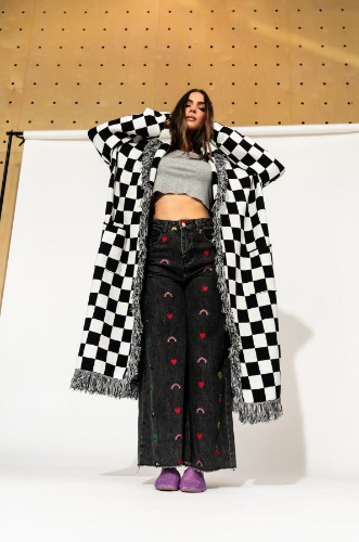 Luxe Fringe Blanket Cardigan in Black + White Check | 2XL/3XL