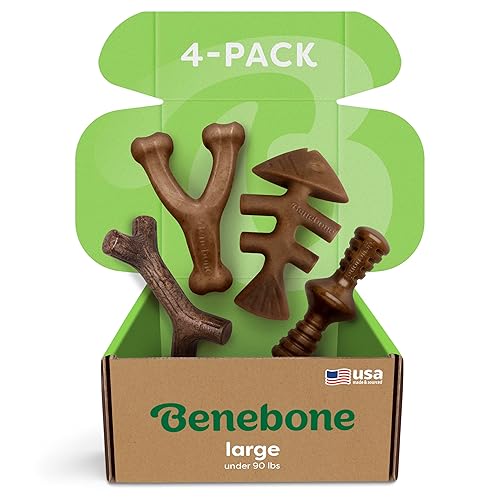 Benebone Large 4-Pack Dog Chew Toys for Aggressive Chewers, Made in USA, 90lbs and Under - Large - Dog Chew Toys