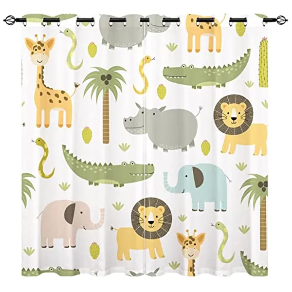 YUANZU Safari Animal Curtains - Kids Hippo Crocodile Lion Elephant Giraffe Woodland Zoo Family Pattern Eyelet Blackout Room Darkening Window Drapes for Boys Girls Bedroom 2 Panels W117cm x D183cm