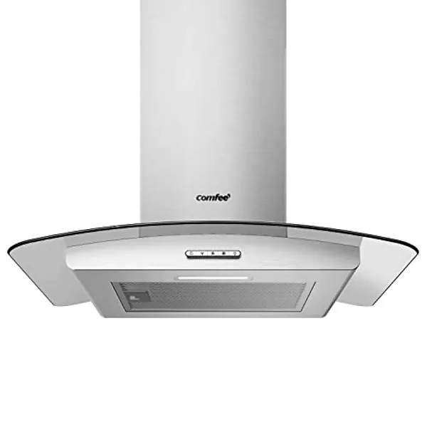 COMFEE' Chimney Cooker Hood 60cm GLAV17SS-60 with LED Light & Glass Extractor Hoods, 600mm Kitchen Extractor Fan - Stainless Steel