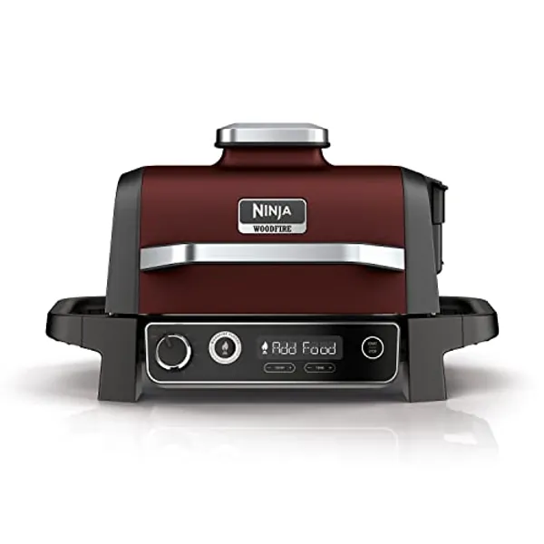 Ninja Woodfire Electric Outdoor BBQ Grill, Smoker and Air Fryer with Pellets and Digital Probe, 5 Skewers, 7 Functions; Grill, Smoke, Air Fry, Roast and more, Red/Black, Amazon Exclusive OG751UKAMZ
