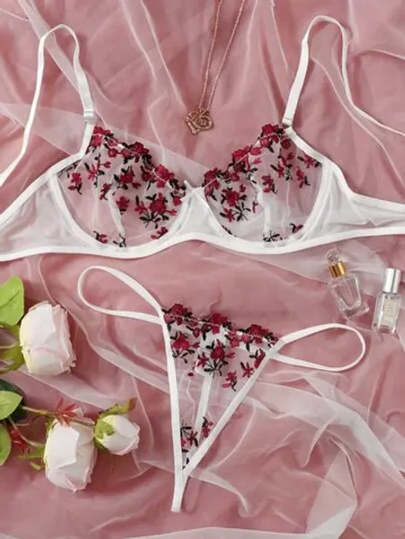 Floral Embroidered Mesh Underwire Lingerie Set