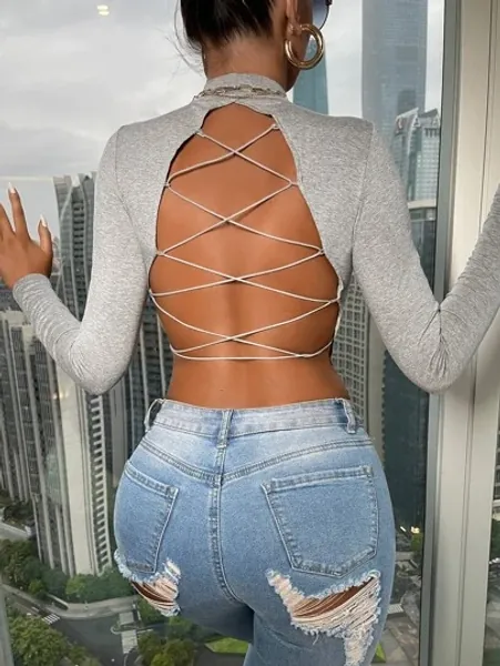 SHEIN SXY Criss Cross Backless Mock Neck Top