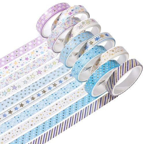 YUBBAEX 10 Rolls Sparkling Washi Tape Set 8mm Skinny Gold Foil Decorative Masking Washi Tapes for Journal,Scrapbook, Planner, DIY Crafts (Bling Stars) - Bling Stars