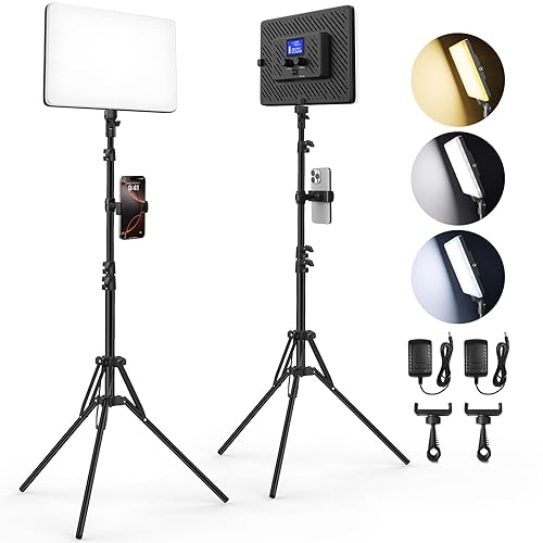 Led Video Light Panel Lighting Kit, QEUOOIY 2-Pack Bi-Color Photography Lighting with 63'' Tripods Stand, Built-in 8000mAh Battery, 2500-8500K Studio Light for Live Streaming/Outdoor Indoor/Tiktok