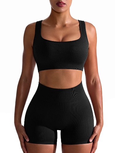 OQQ Workout Outfits for Women 2 Piece Seamless Ribbed High Waist Leggings with Sports Bra Exercise Set - Black Small