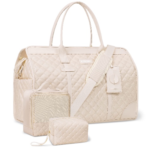 ETRONIK Overnight Bags for Women, Travel Weekender Bags with Wet Pocket & Shoe Bag & Toiletry Bag, Carry on Travel Duffel Bags for Gym Hospital Gift Daily Use, 5 Pcs Set, Beige - Beige