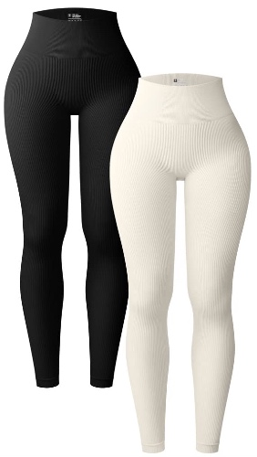 OQQ Women's 2 Piece Yoga Leggings Ribbed Seamless Workout High Waist Athletic Pants - Black Beige Small