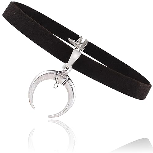 STACKABLE CREATIONS Black Suede Leather Choker Silver Crescent Sailor Moon Pendant for Women and Girls Comfort Fit, Extendable, Hypoallergenic, Stylish for Women Girls Men Kids