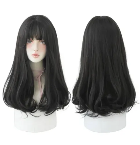 7JHH WIGS Long Wavy Curly Black Blonde Hair Highlights Synthetic Blend Wigs With Fluffy Bangs For Women's Daily Wear Four Season