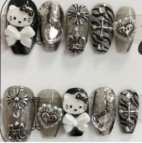Kawaii Anime DIY Hellokitty Fake Nails Cartoon Cute Diamond Bowknot Cosplay Long Coffin Stiletto Nails Full Cover Nail Tips Gift