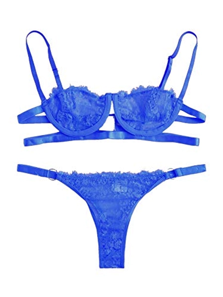 SheIn Women's 2 Piece Sexy Lace Strap Bralette Bra and Panty Lingerie Set Push Up