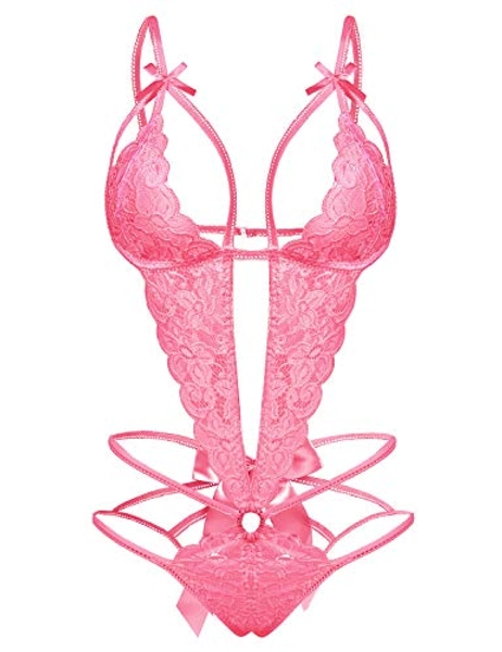 Donnalla Women's Deep V Lace Teddy One Piece Lingerie Cutout Strappy Lingerie