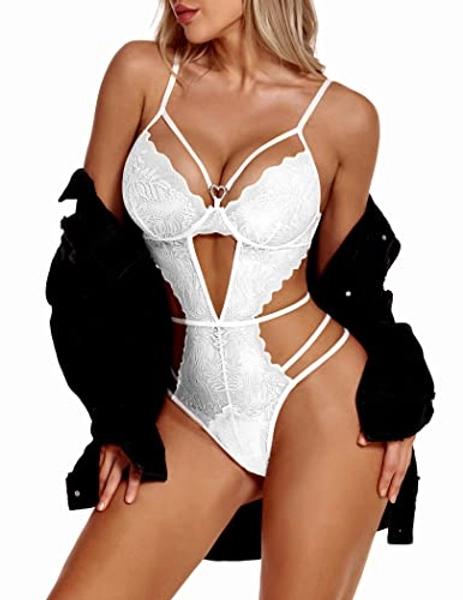 Avidlove Lingerie for Women One Piece Lingerie Deep V Teddy Sexy Lace Bodysuit Strappy Lingerie